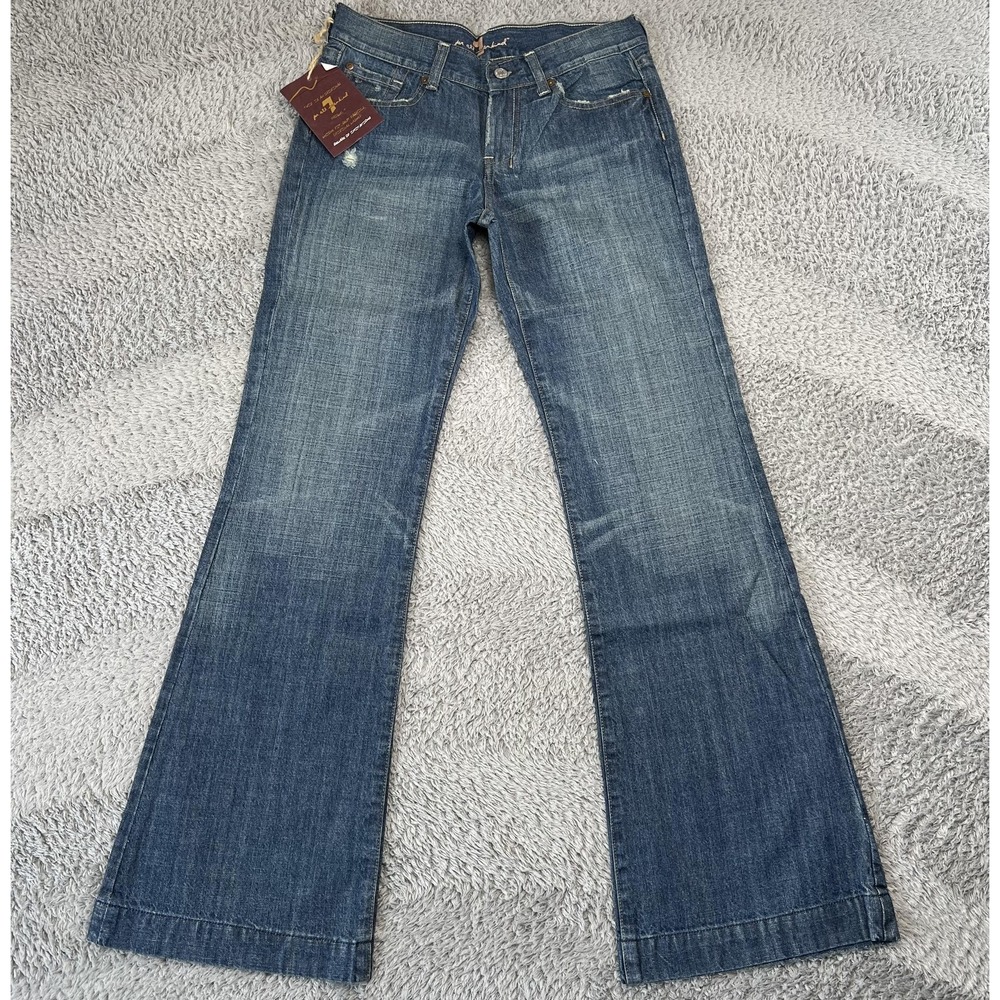 7 For All Mankind Dojo Jeans Womens 28 Blue Flare Distressed Embroidered USA - Picture 2 of 6